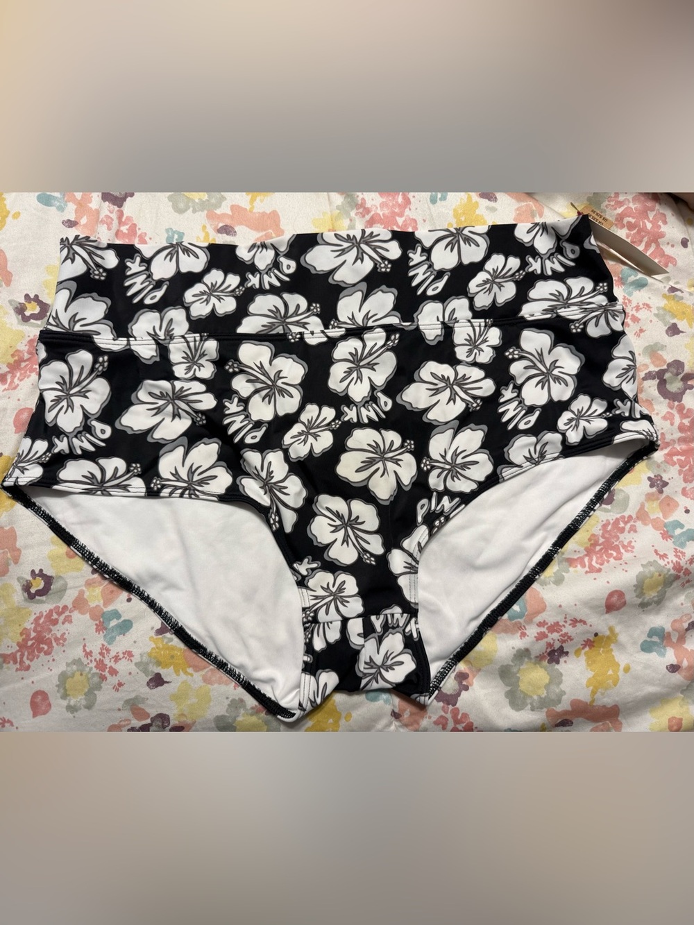 PINK Victoria Secret Black and White Floral Hibiscus Flower Swim Bottoms (XXL)